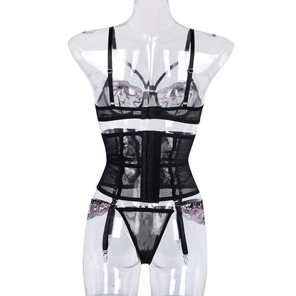 Conjunto Lingerie Sexy de Renda c/Cinta-Liga e Corselete