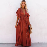 Vestido Longo de Botão Manga Curta Praia vermelho