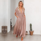 Vestido Longo de Botão Manga Curta Praia rosê