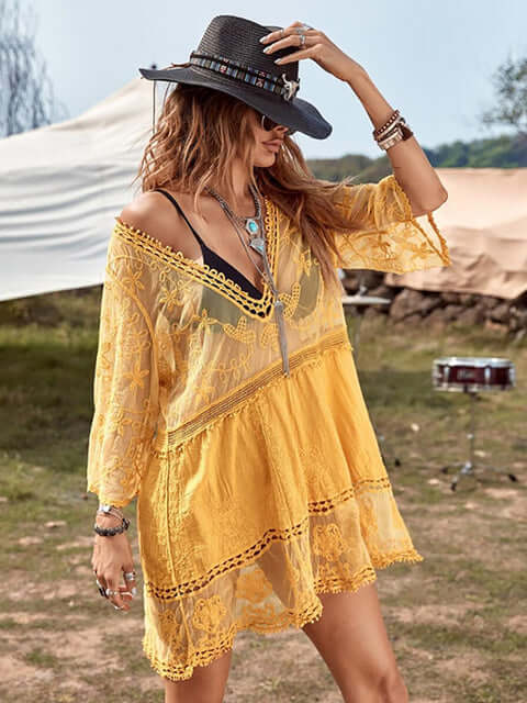 Bata-Vestido Boho c/ Renda Transparências Festival | Saída de Praia