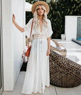 Saída de Praia Longa Cintura de Renda Viscose elegante