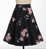 Saia Preta Floral Midi Retrô