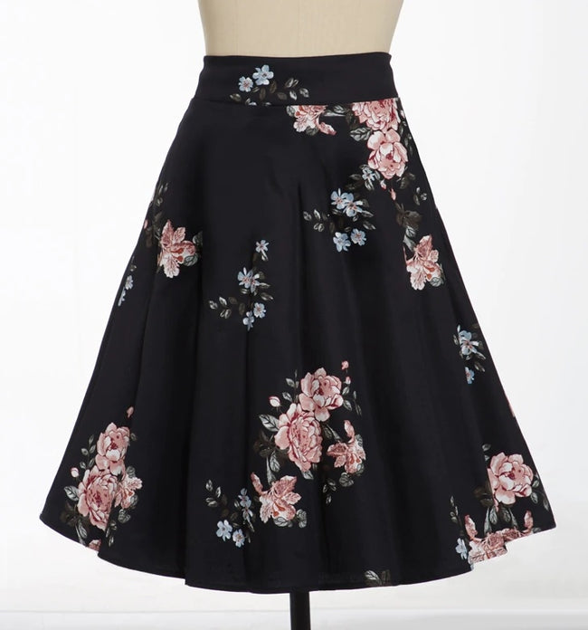 Saia Preta Floral Midi Retrô