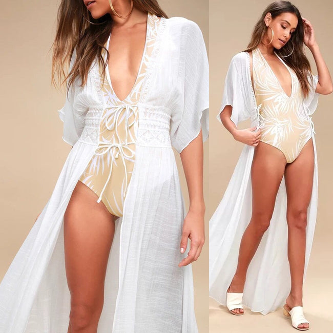 Saída de Praia Longa Cintura de Renda Viscose sofisticada