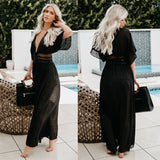 Saída de Praia Longa Elegante preta Cintura Renda 