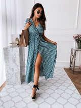 Vestido Casual Midi de Bolinha Poá Manga Curta, P, M, G, GG, 2G, 3G, Azul