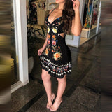 vestido curto estampado cut out na cintura sensual sexy verão decote vazado recorte alcinha preto floral