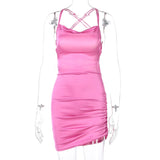 vestido de festa de cetim curto drapeado alcinha sensual brilhante brilhoso sexy sensual alcinha transpassado traçado colado levinho brilhante brilhoso liso decote decotado pregueado franzido ajustável costas nuas rosa