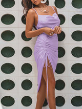 vestido de festa de cetim midi fenda com amarração sensual sexy verão decote V brilhante brilhoso fenda alcinha elegante acinturado costas nuas abertas pregueado assimétrico lilás