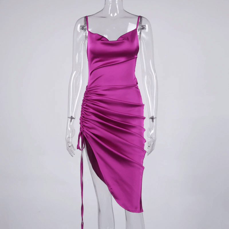 vestido de festa de cetim midi fenda com amarração sensual sexy verão decote V brilhante brilhoso fenda alcinha elegante acinturado costas nuas abertas pregueado assimétrico roxo