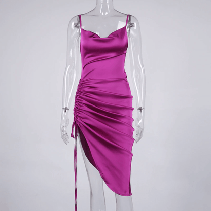 vestido de festa de cetim midi fenda com amarração sensual sexy verão decote V brilhante brilhoso fenda alcinha elegante acinturado costas nuas abertas pregueado assimétrico roxo