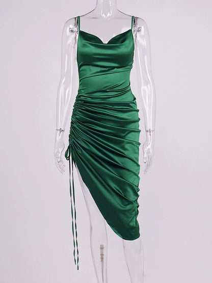 vestido de festa de cetim midi fenda com amarração sensual sexy verão decote V brilhante brilhoso fenda alcinha elegante acinturado costas nuas abertas pregueado assimétrico verde escuro