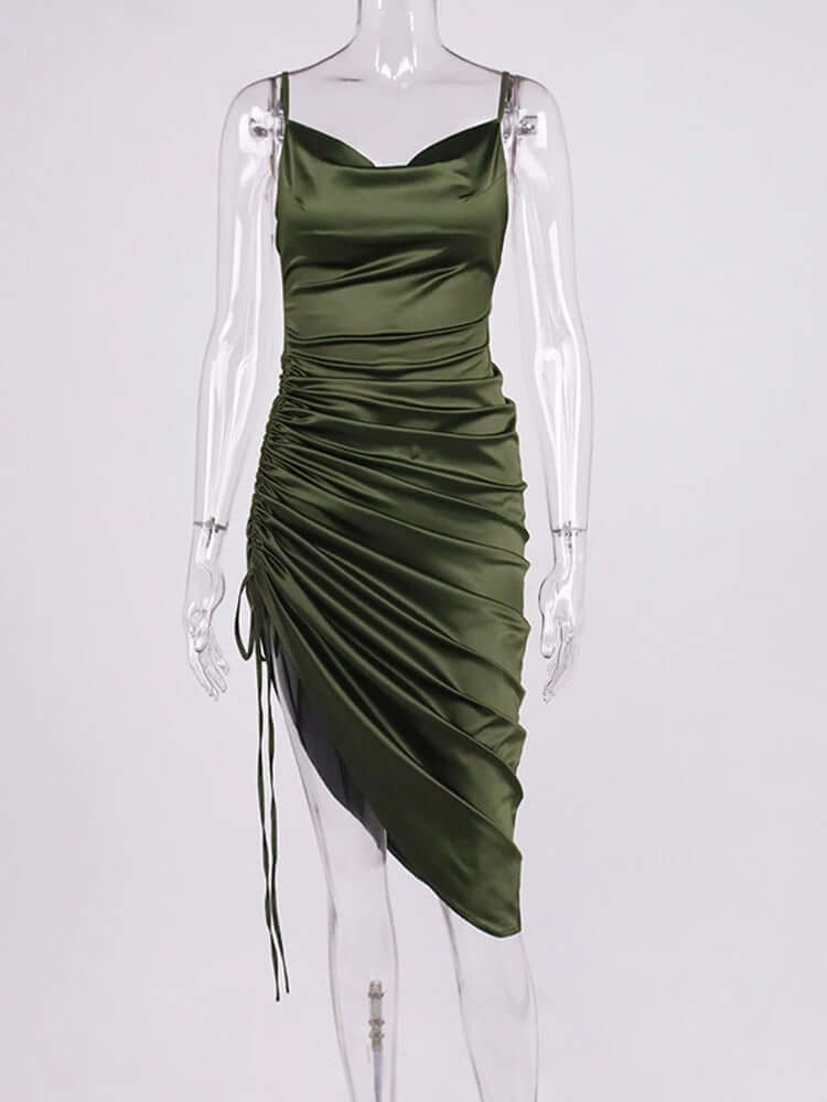 vestido de festa de cetim midi fenda com amarração sensual sexy verão decote V brilhante brilhoso fenda alcinha elegante acinturado costas nuas abertas pregueado assimétrico verde musgo