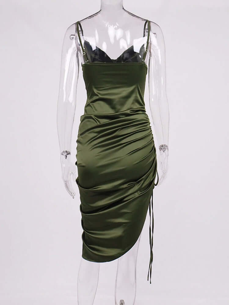 vestido de festa de cetim midi fenda com amarração sensual sexy verão decote V brilhante brilhoso fenda alcinha elegante acinturado costas nuas abertas pregueado assimétrico verde musgo