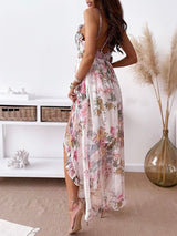 vestido de festa floral verão alcinha babados sensual sexy decote transparências transparente elegante acinturado costas nuas assimétrico estampado longo branco