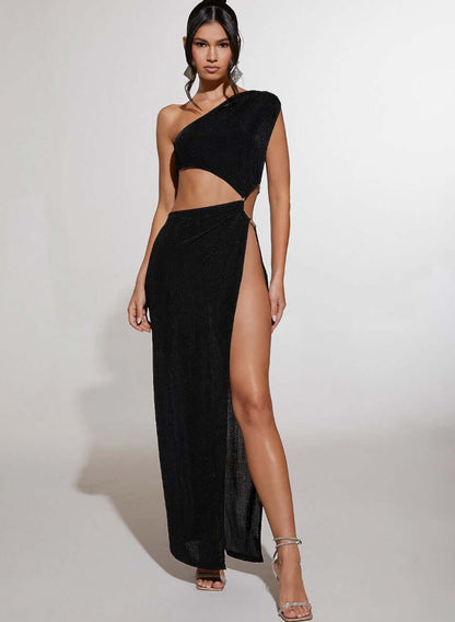 Vestido de Festa Longo Cut-Out com Detalhe Dourado