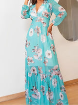 Vestido de Festa Longo Manga Longa Princesa Floral azul turquesa
