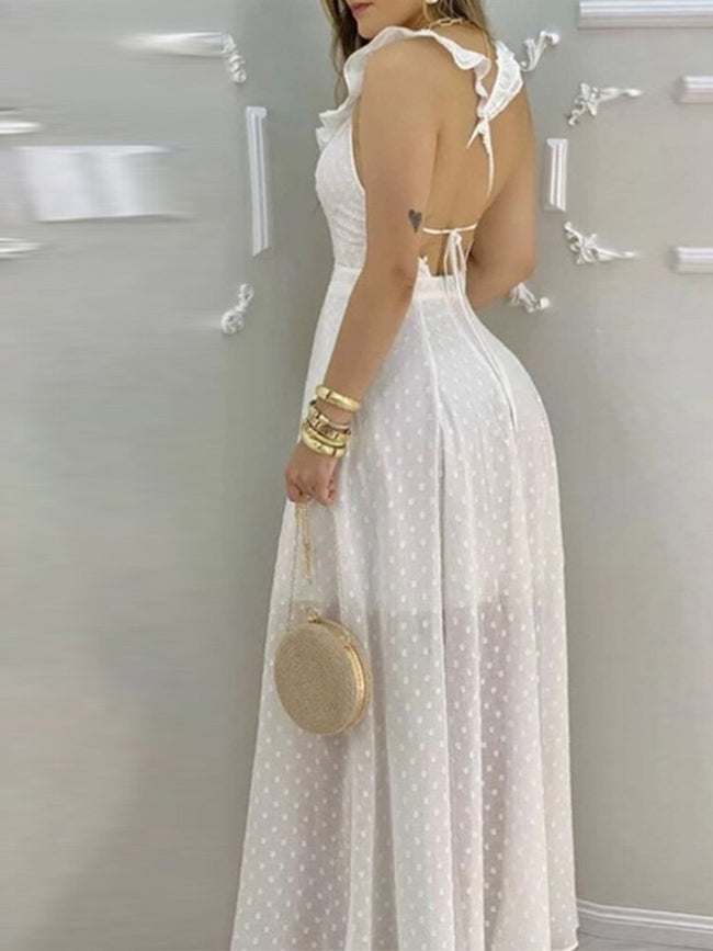 vestido de festa longo tule poá decote de babado fenda estampado poá bolinha elegante verão acinturado costas nuas transparente amarração branco
