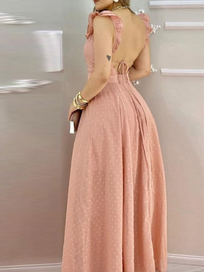 vestido de festa longo tule poá decote de babado fenda estampado poá bolinha elegante verão acinturado costas nuas transparente amarração rosa