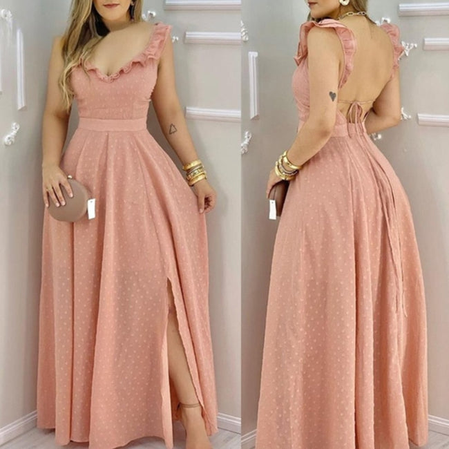 vestido de festa longo tule poá decote de babado fenda estampado poá bolinha elegante verão acinturado costas nuas transparente amarração rosa