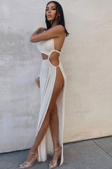 vestido de festa longo vazado fenda sensual branco cut out
