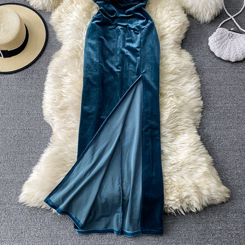 vestido de festa de veludo azul alcinha decote v fenda