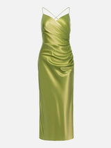 vestido de festa midi com fenda cetim brilhante brilhoso sexy sensual alcinha transpassado colado levinho brilhante brilhoso liso decote decotado pregueado franzido verde