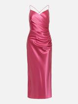 vestido de festa midi com fenda cetim brilhante brilhoso sexy sensual alcinha transpassado colado levinho brilhante brilhoso liso decote decotado pregueado franzido rosa