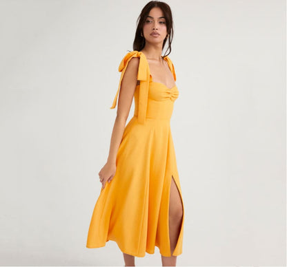 vestido de festa midi com amarrações nos ombros e fenda liso alça verão elegante decote médio costas nuas amarelo