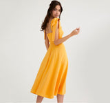 vestido de festa midi com amarrações nos ombros e fenda liso alça verão elegante decote médio costas nuas amarelo
