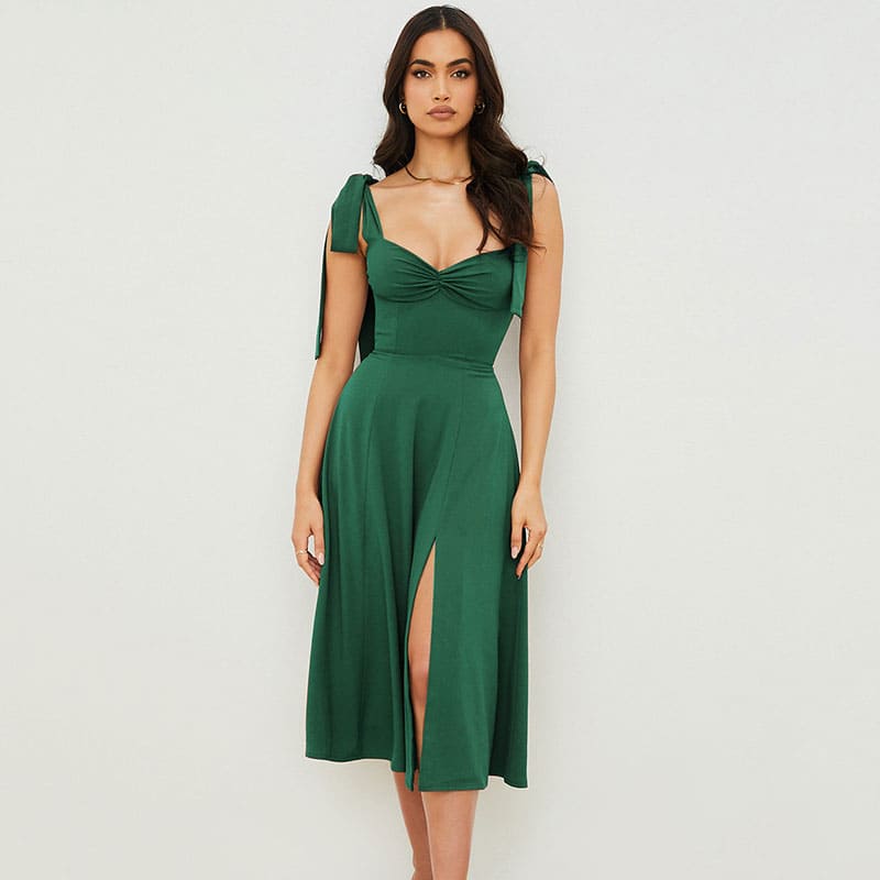 vestido de festa midi com amarrações nos ombros e fenda liso alça verão elegante decote médio costas nuas verde