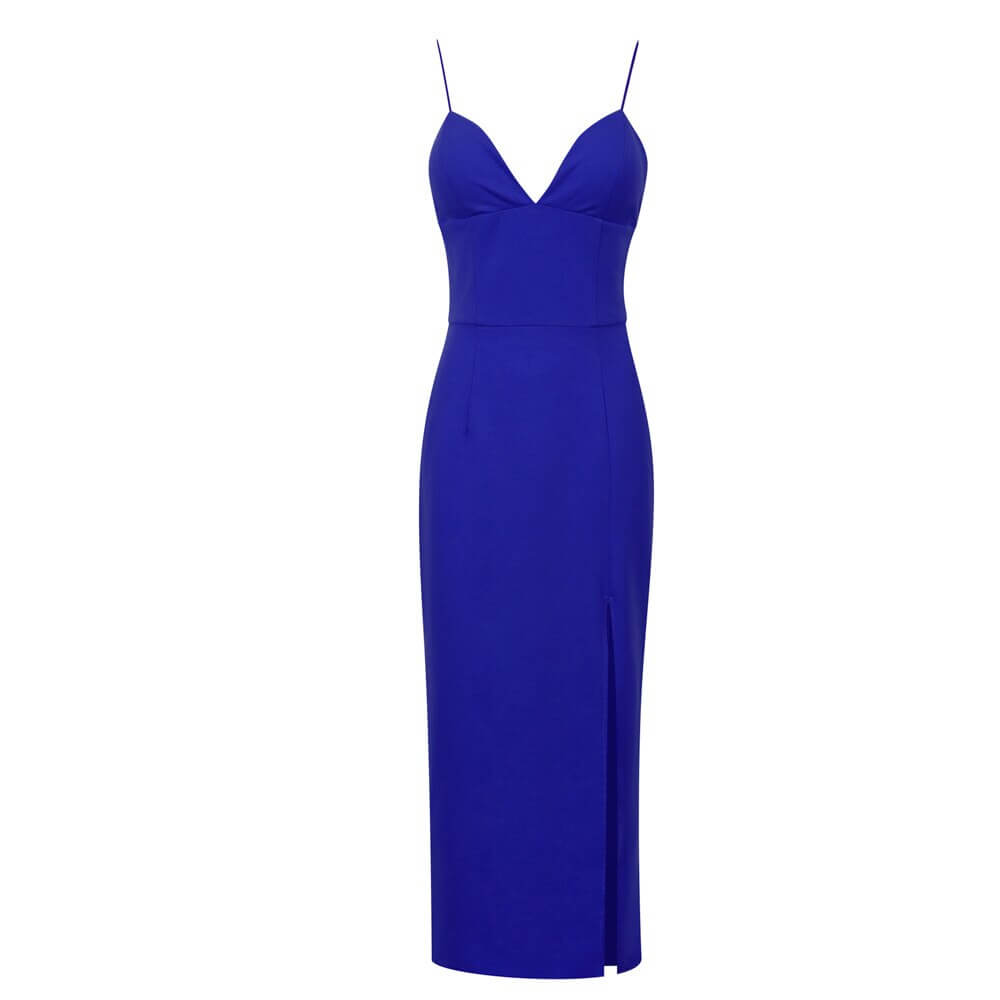 vestido de festa midi tubinho fenda decote profundo alcinha sensual sexy festa luxo brilhante brilhoso elegante verão acinturado costas nuas azul escuro