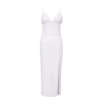 vestido de festa midi tubinho fenda decote profundo alcinha sensual sexy festa luxo brilhante brilhoso elegante verão acinturado costas nuas branco