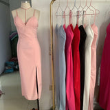 vestido de festa midi tubinho fenda decote profundo alcinha sensual sexy festa luxo brilhante brilhoso elegante verão acinturado costas nuas rosa claro azul claro rosa escuro vermelho preto branco