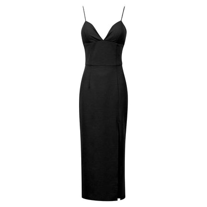 vestido de festa midi tubinho fenda decote profundo alcinha sensual sexy festa luxo brilhante brilhoso elegante verão acinturado costas nuas preto