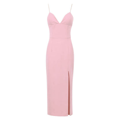 vestido de festa midi tubinho fenda decote profundo alcinha sensual sexy festa luxo brilhante brilhoso elegante verão acinturado costas nuas rosa claro