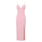 vestido de festa midi tubinho fenda decote profundo alcinha sensual sexy festa luxo brilhante brilhoso elegante verão acinturado costas nuas rosa claro