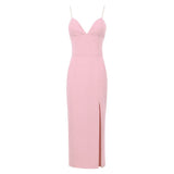 vestido de festa midi tubinho fenda decote profundo alcinha sensual sexy festa luxo brilhante brilhoso elegante verão acinturado costas nuas rosa claro