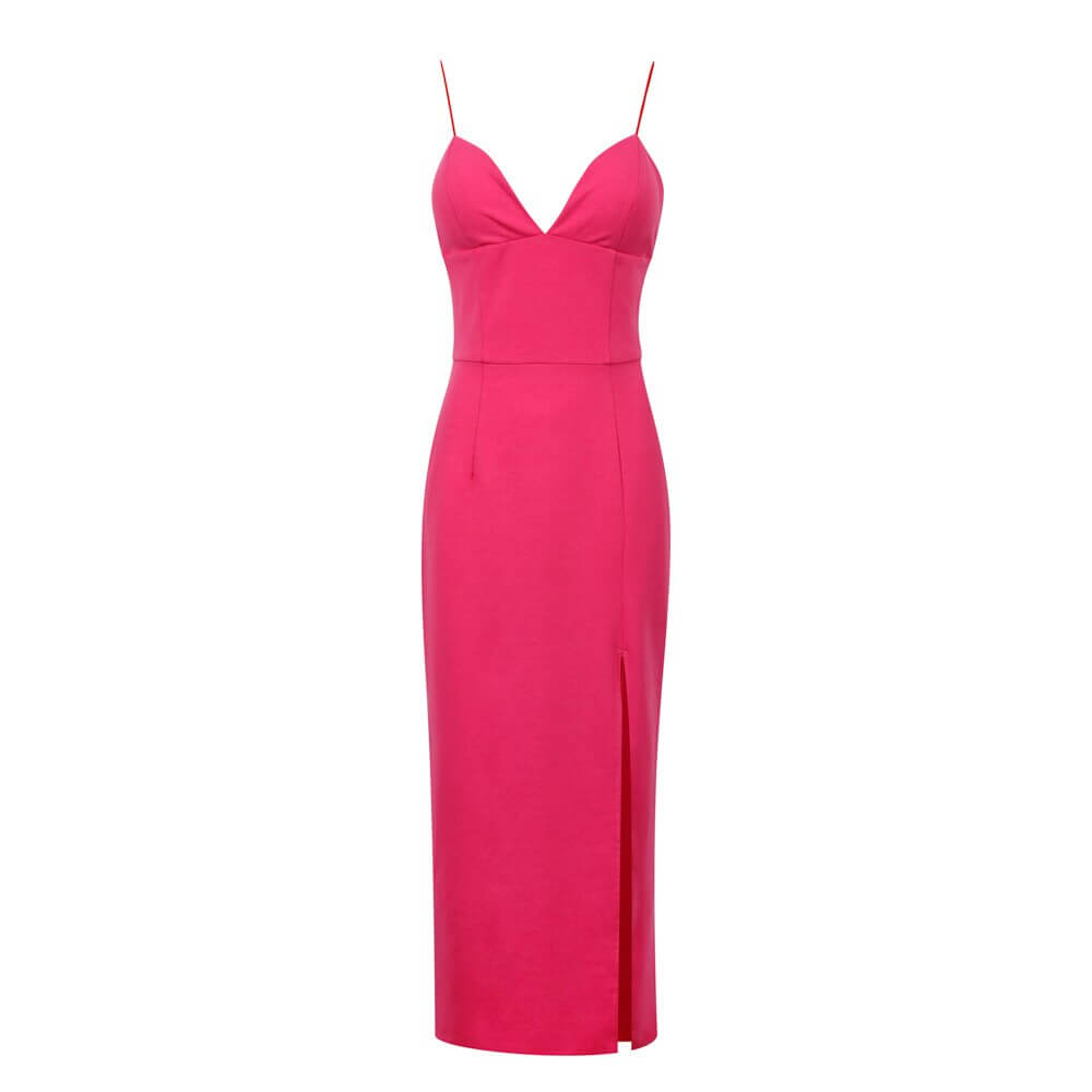 vestido de festa midi tubinho fenda decote profundo alcinha sensual sexy festa luxo brilhante brilhoso elegante verão acinturado costas nuas rosa escuro