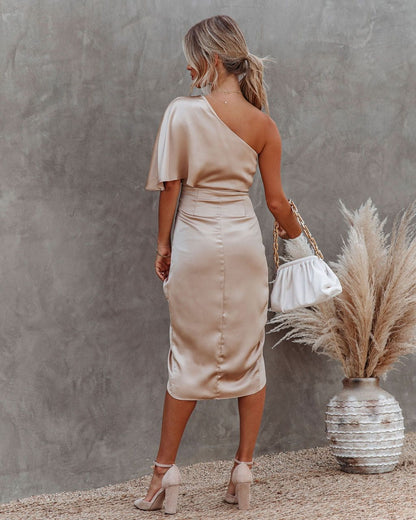 Vestido de Festa Um Ombro Midi Cetim, P, M, G, GG, Champagne