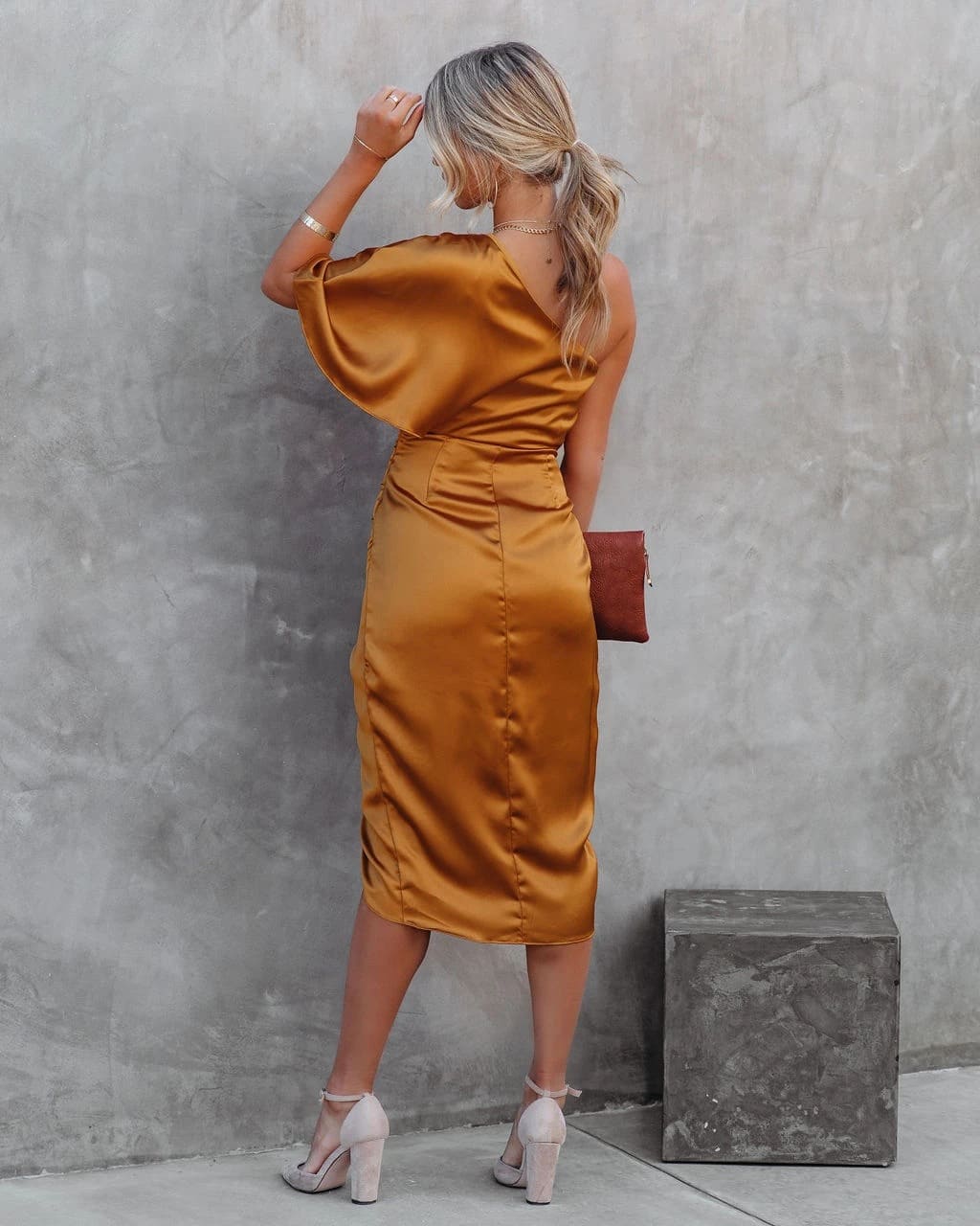 Vestido de Festa Um Ombro Midi Cetim, P, M, G, GG, Laranja