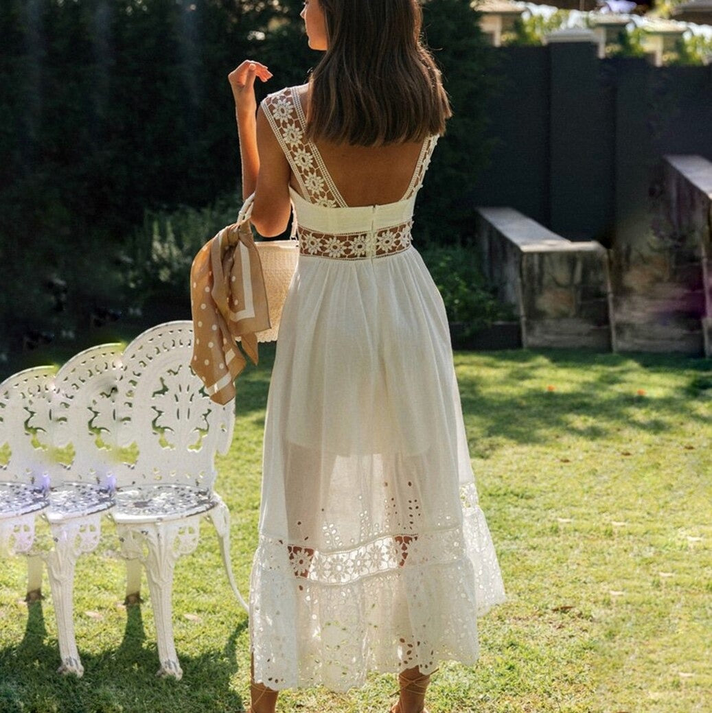 Vestido de Festa c/Renda Floral Midi Branco Algodão