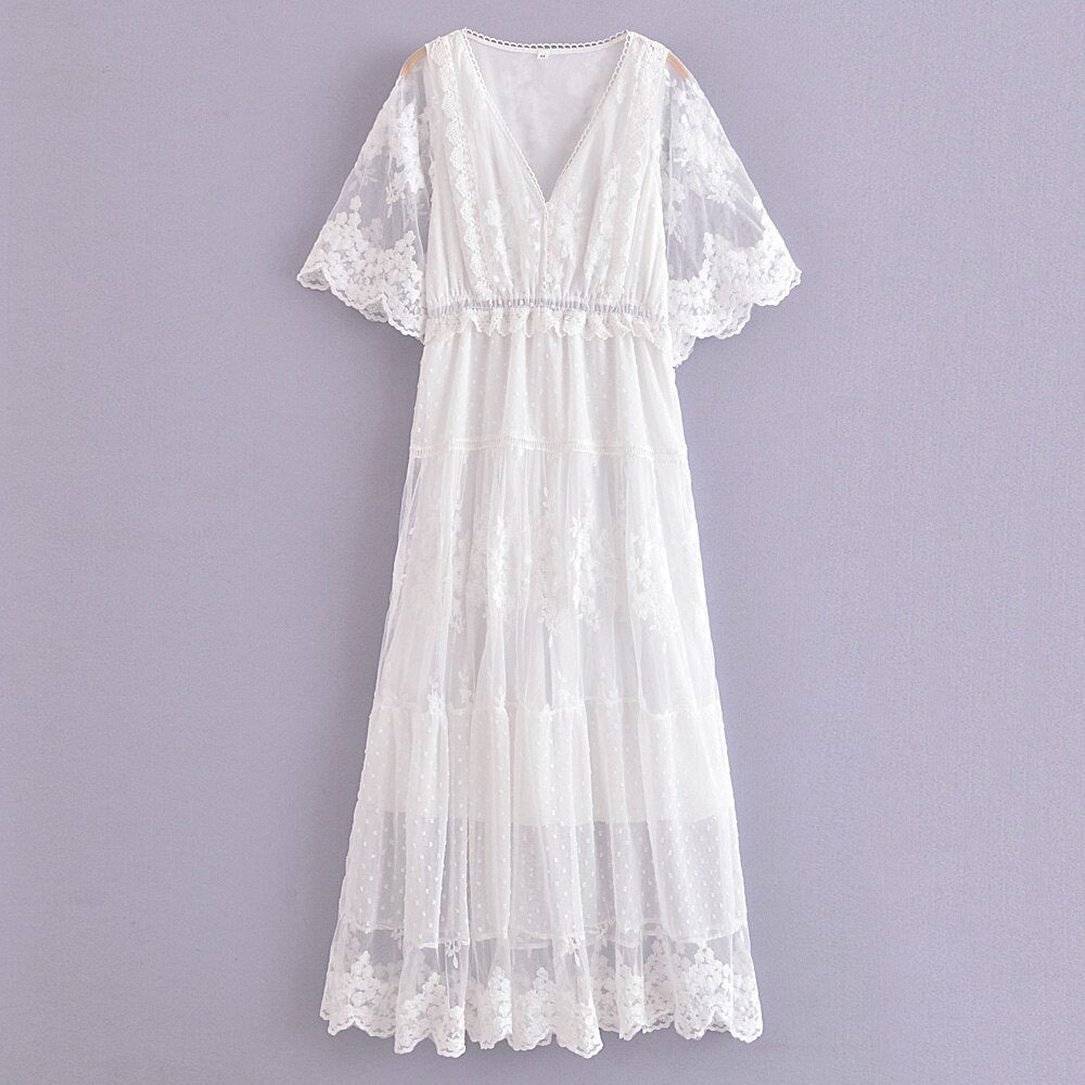 Vestido de Renda Longo Branco Boho Chic Manga Curta, P, M, G, GG HIPPY