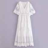 Vestido de Renda Longo Branco Boho Chic Manga Curta, P, M, G, GG