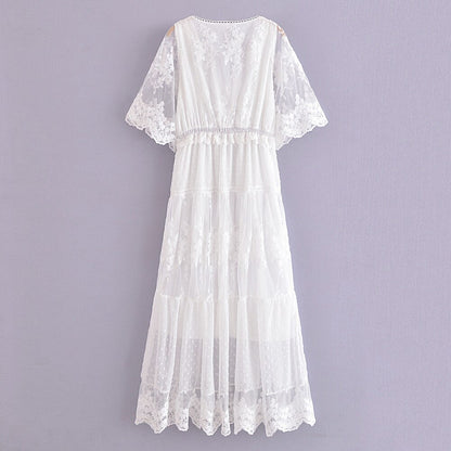 Vestido de Renda Longo Branco Boho Chic Manga Curta, P, M, G, GG