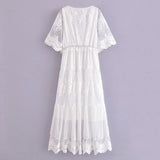 Vestido de Renda Longo Branco Boho Chic Manga Curta, P, M, G, GG