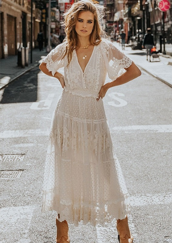 Vestido Boho Chic de Renda Longo midi Branco Manga Curta casamento civil