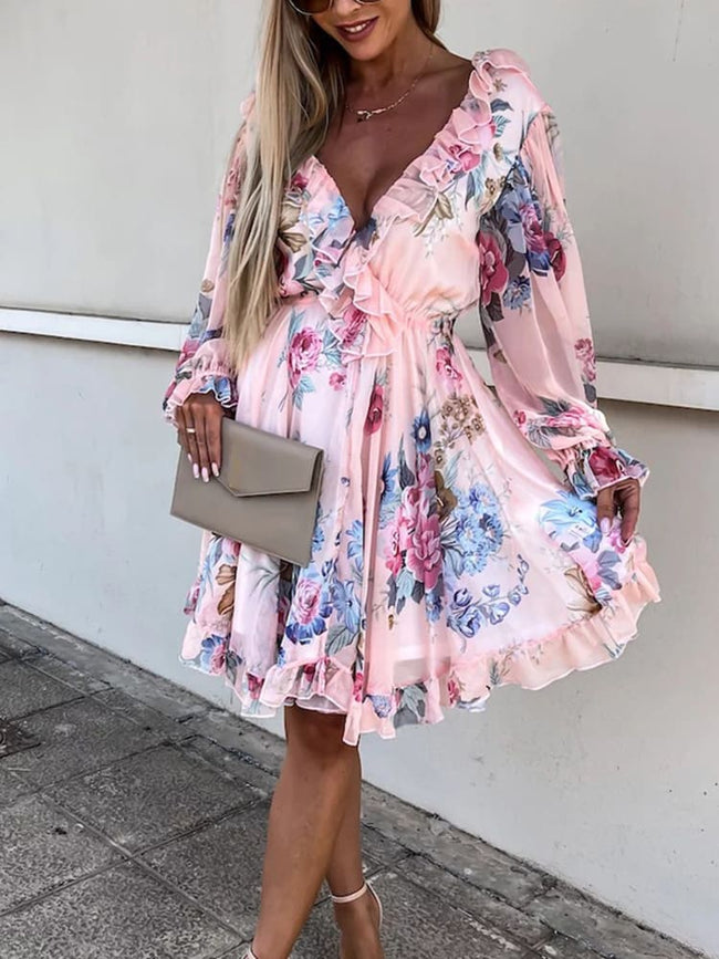 Vestido Estampado Decotado de Festa Curto c Babados de Manga