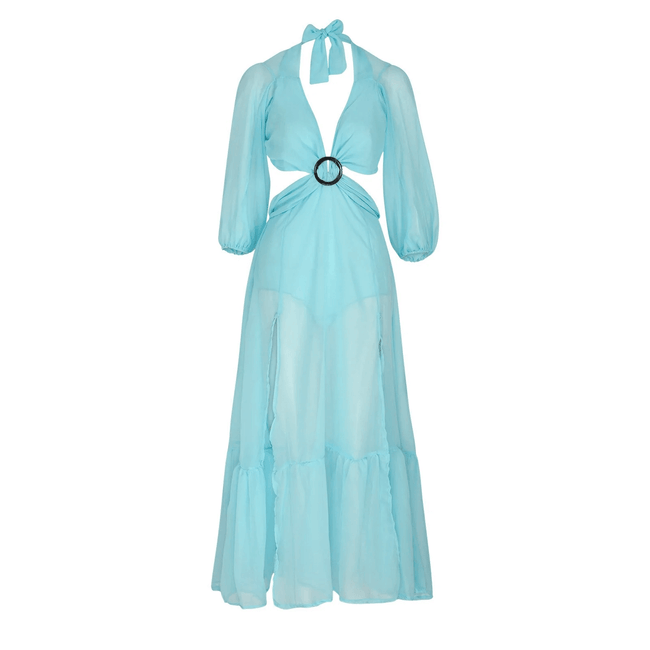 vestido longo azul claro recortes na cintura manga flare sensual sexy verão decote V profundo transparências transparente brilhante brilhoso festa praia vazado cut out recorte fenda elegante acinturado costas nuas abertas transpassado pregueado amarração soltinho leve