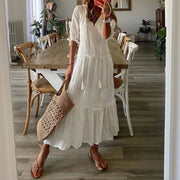 Vestido Longo de renda Lese branco Decote V Gipsy boho de Manga praiano